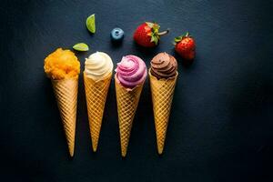 three ice cream cones with different flavors. AI-Generated photo