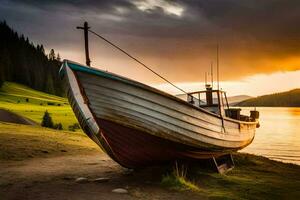 an old boat sits on the shore of a lake at sunset. AI-Generated photo