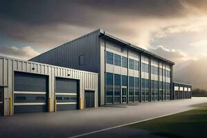 a large industrial building with two garage doors. AI-Generated photo