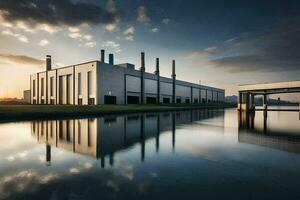 a factory building with water and a bridge. AI-Generated photo