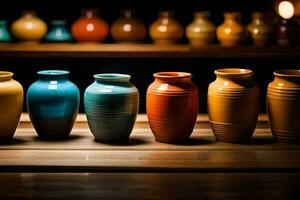 a row of colorful vases on a wooden shelf. AI-Generated photo