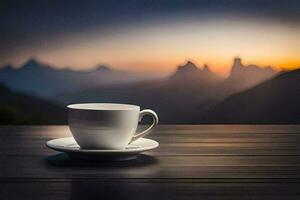 a cup of coffee on a table in front of a mountain range. AI-Generated photo