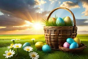 easter eggs in a basket on the grass. AI-Generated photo