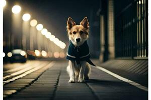 a dog wearing a jacket walking on a street at night. AI-Generated photo