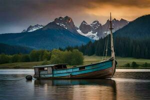 a boat sits on the water in front of mountains. AI-Generated photo