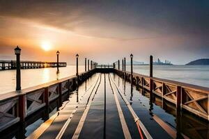 a pier with a boat in the water at sunset. AI-Generated photo