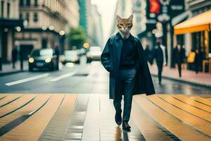 un gato vistiendo un traje y Corbata caminando a través de un ciudad calle. generado por ai foto