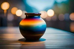 a colorful vase sitting on a wooden table. AI-Generated photo