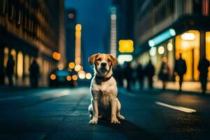 un perro sentado en el calle a noche. generado por ai foto