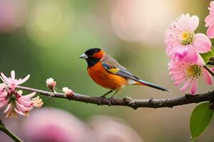 a colorful bird sits on a branch with pink flowers. AI-Generated photo