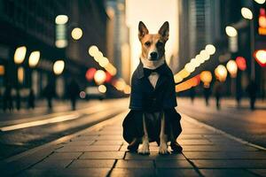 un perro en un traje y Corbata en pie en un ciudad calle. generado por ai foto