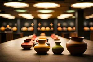 a row of vases sitting on a wooden table. AI-Generated photo