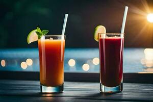 dos bebidas con pajitas en un de madera mesa. generado por ai foto