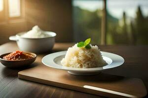 a plate of rice and a bowl of sauce on a table. AI-Generated photo