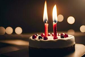 un cumpleaños pastel con dos ardiente velas generado por ai foto