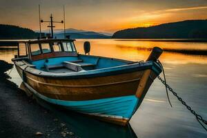 a boat sits on the shore at sunset. AI-Generated photo