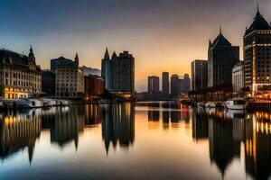 the city skyline is reflected in the water at sunset. AI-Generated photo