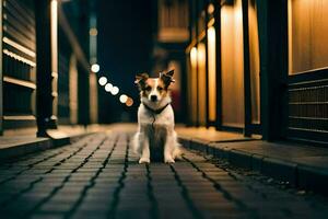 a dog standing on a cobblestone street at night. AI-Generated photo