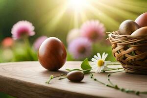 easter eggs in a basket on a table. AI-Generated photo