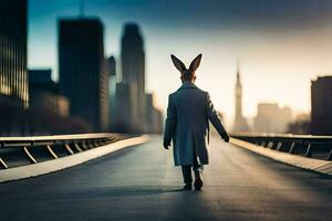 a rabbit wearing a coat and hat walks down a bridge. AI-Generated photo