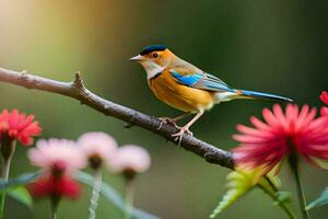 photo wallpaper bird, flowers, the sky, the sun, the flowers, the bird, the. AI-Generated