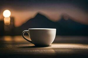 a coffee cup sits on a table in front of a mountain. AI-Generated photo