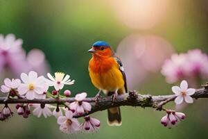 a colorful bird sits on a branch with flowers. AI-Generated photo