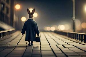 a rabbit in a suit walks down a street at night. AI-Generated photo