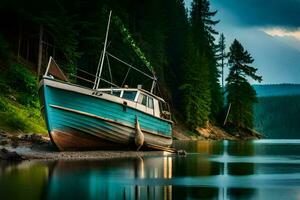 a boat sits on the shore of a lake. AI-Generated photo