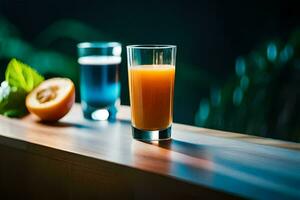 two glasses of orange juice on a wooden table. AI-Generated photo