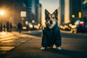 a dog wearing a jacket on the street. AI-Generated photo