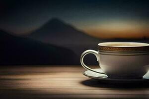 un taza de café en un mesa con montañas en el antecedentes. generado por ai foto