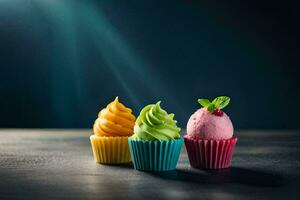 three colorful cupcakes on a dark table. AI-Generated photo