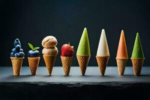 different types of ice cream in cones. AI-Generated photo