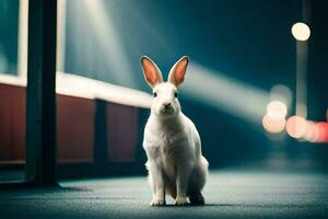 a white rabbit sitting on the floor in a dark room. AI-Generated photo