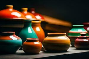 colorful vases on a shelf. AI-Generated photo