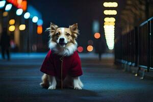 a dog wearing a red coat sitting on the street at night. AI-Generated photo