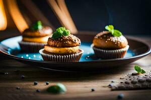 three mini cupcakes on a plate. AI-Generated photo