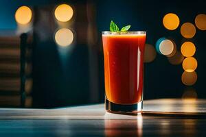 un vaso de rojo jugo sentado en un mesa. generado por ai foto