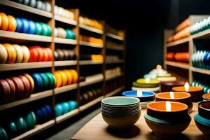 a row of colorful bowls and candles on shelves. AI-Generated photo