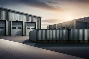 a large warehouse with two doors and a large metal fence. AI-Generated photo