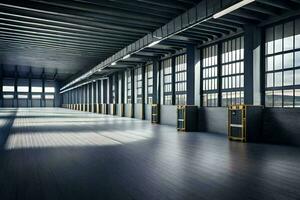 an empty warehouse with large windows and wooden floors. AI-Generated photo