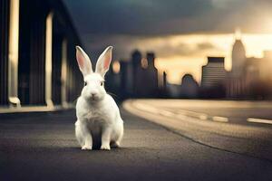 blanco Conejo sentado en el la carretera en frente de ciudad horizonte. generado por ai foto