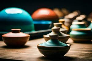 a group of colorful ceramic bowls on a table. AI-Generated photo
