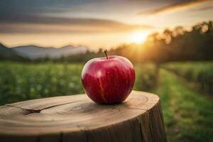 an apple sits on a stump in front of a sunset. AI-Generated photo