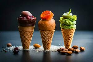 three ice cream cones with different flavors. AI-Generated photo