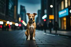 un perro sentado en el calle en el ciudad. generado por ai foto