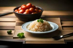 a bowl of rice and tomatoes on a wooden table. AI-Generated photo