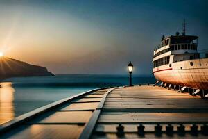 a boat docked at the end of a pier at sunset. AI-Generated photo