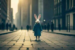 un Conejo en un azul Saco soportes en el medio de un ciudad calle. generado por ai foto